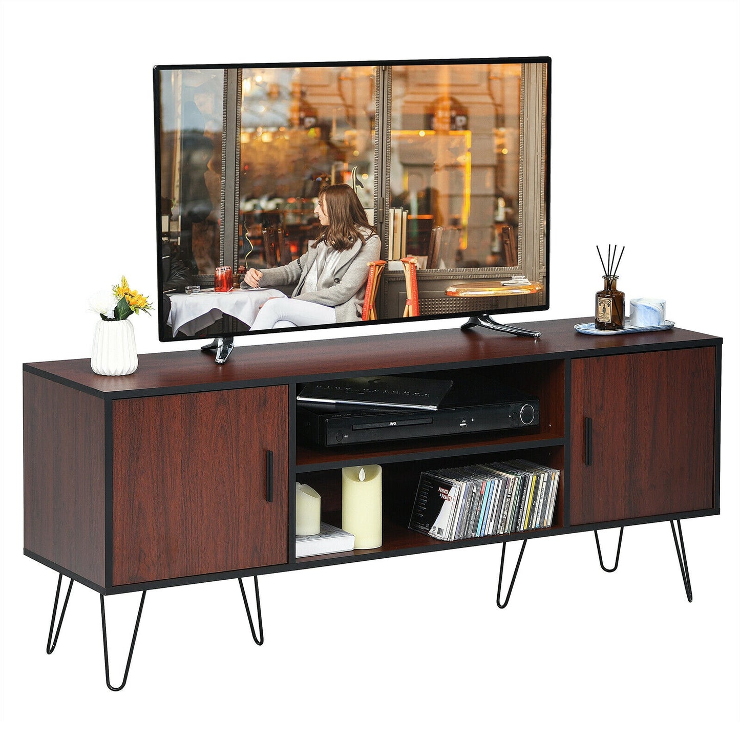 59 Inch Mid-Century TV Stand for TVs up to 65 Inch with Storage and Metal Legs - Brown