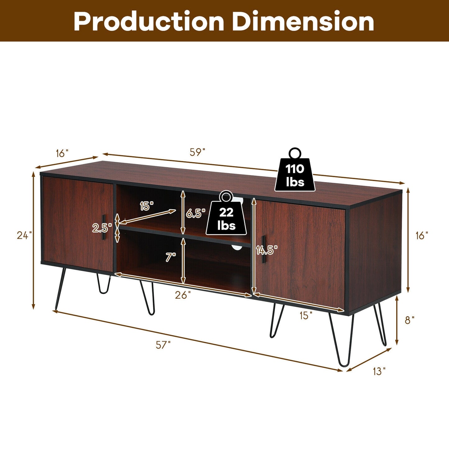 59 Inch Mid-Century TV Stand for TVs up to 65 Inch with Storage and Metal Legs - Brown