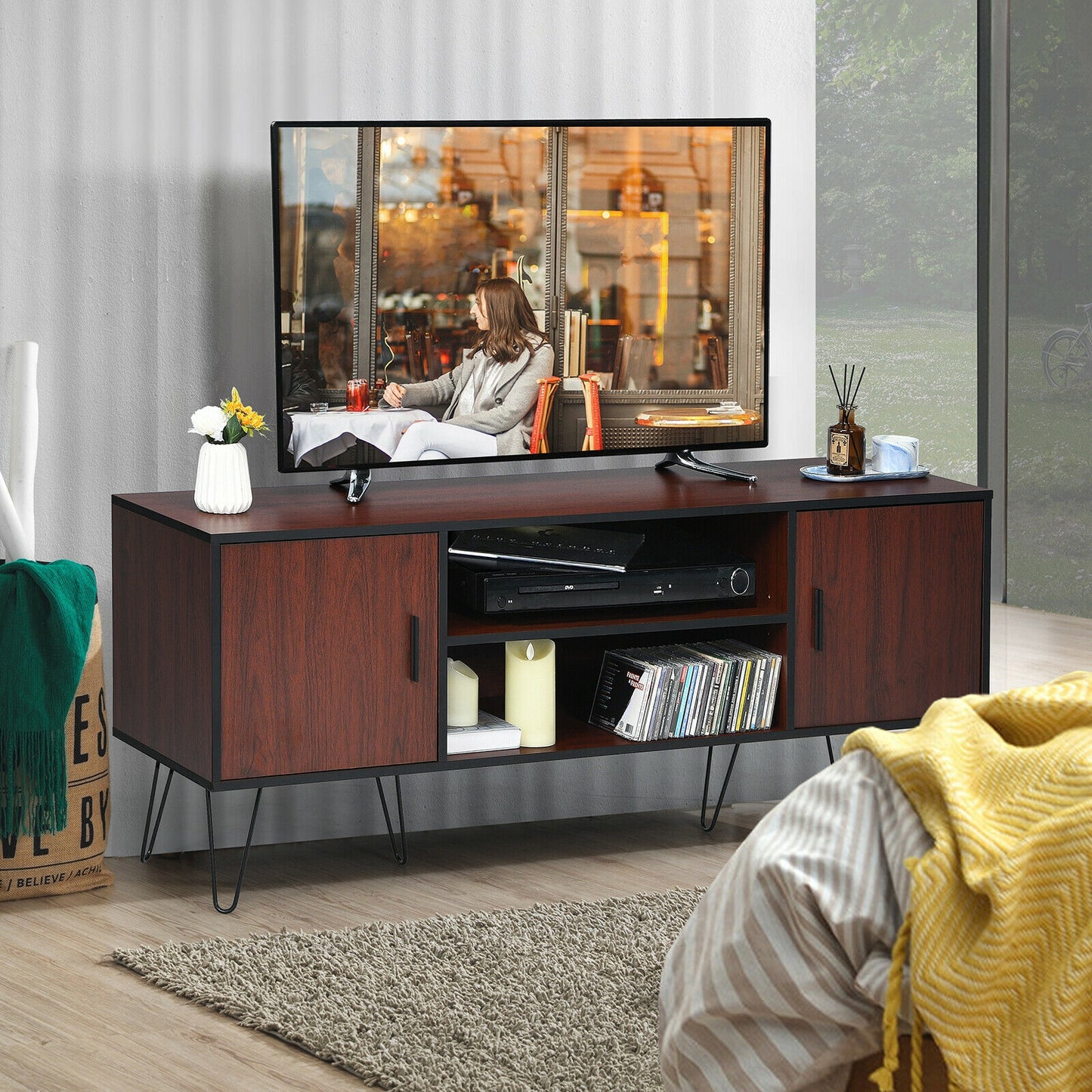 59 Inch Mid-Century TV Stand for TVs up to 65 Inch with Storage and Metal Legs - Brown