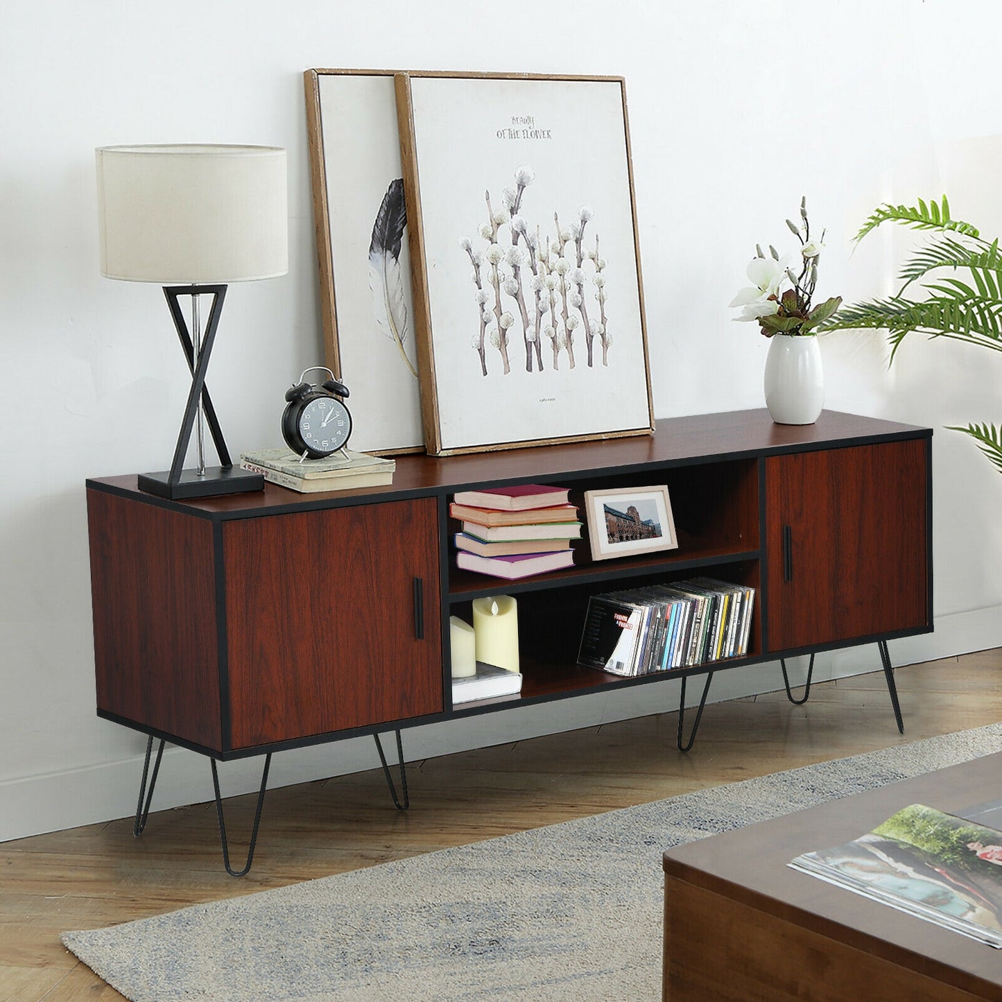 59 Inch Mid-Century TV Stand for TVs up to 65 Inch with Storage and Metal Legs - Brown