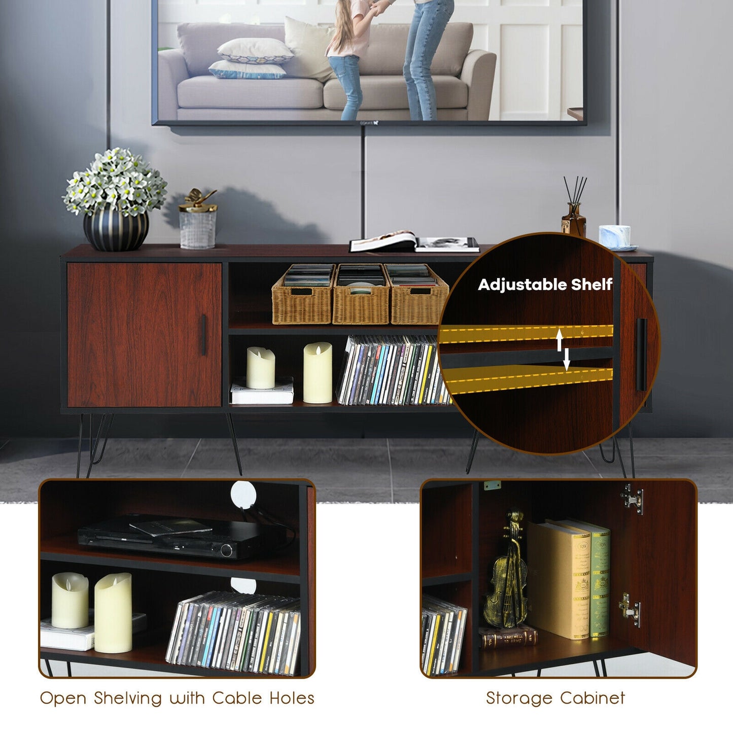 59 Inch Mid-Century TV Stand for TVs up to 65 Inch with Storage and Metal Legs - Brown