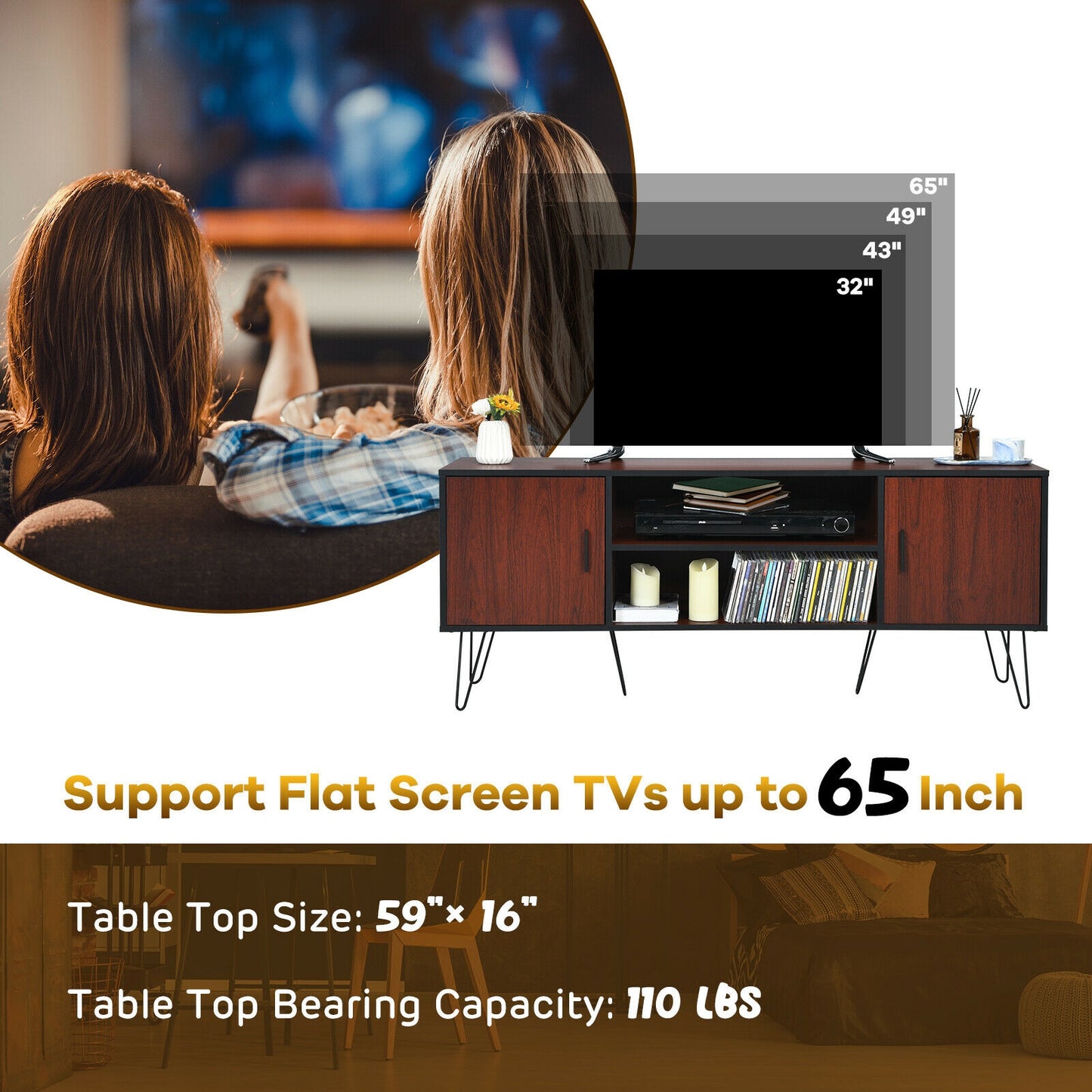 59 Inch Mid-Century TV Stand for TVs up to 65 Inch with Storage and Metal Legs - Brown