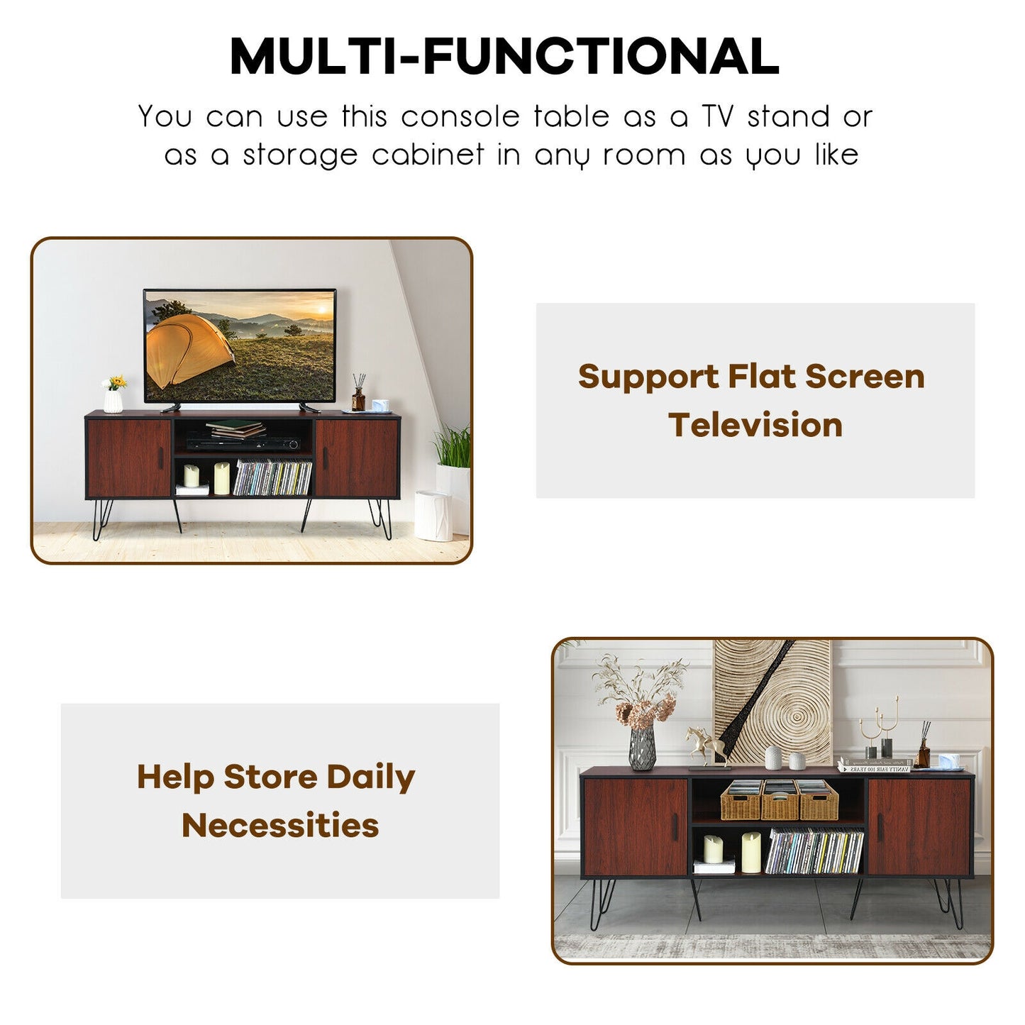 59 Inch Mid-Century TV Stand for TVs up to 65 Inch with Storage and Metal Legs - Brown