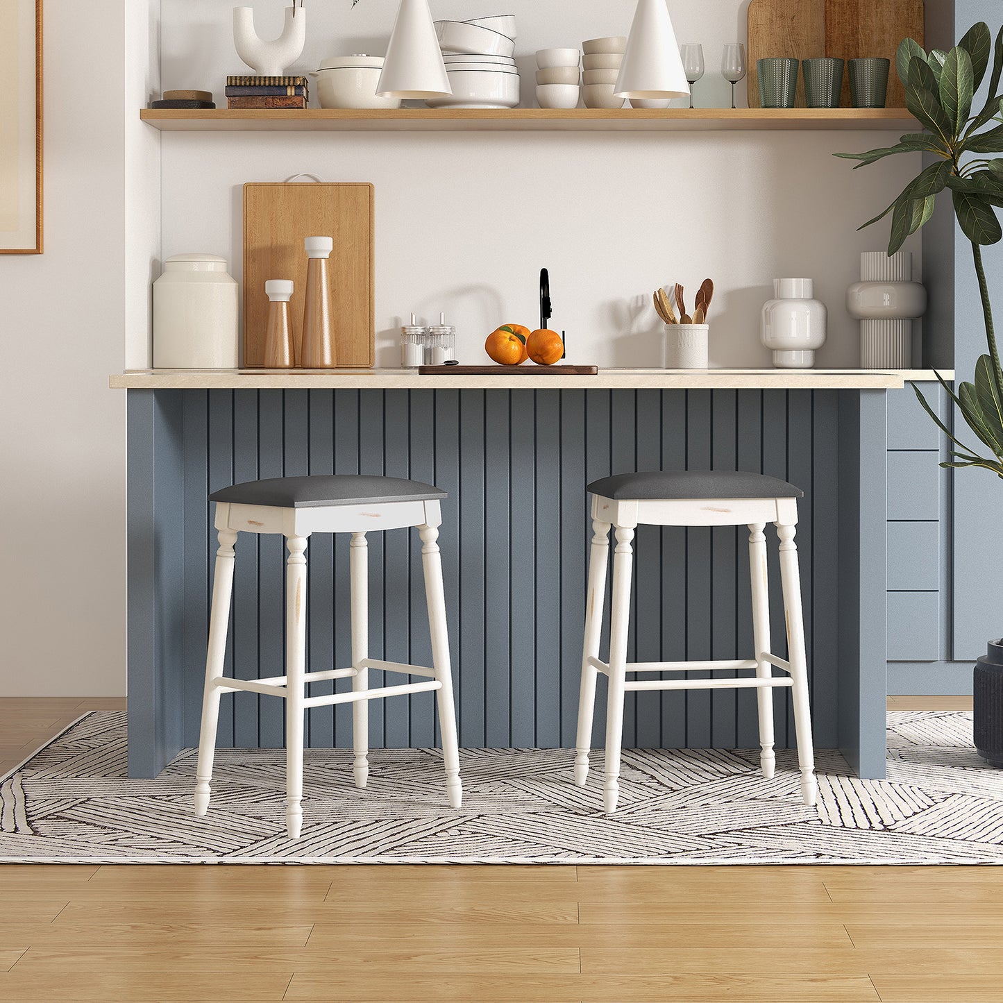 Set of 2 Bar Stools with Padded Cushions and Solid Wood Legs 29"