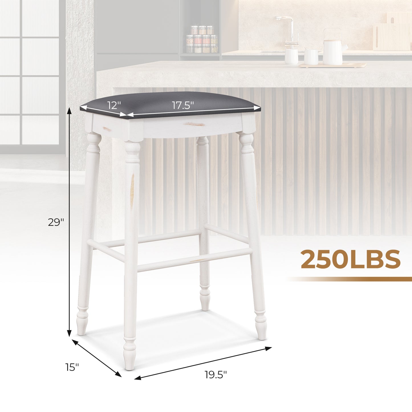 Set of 2 Bar Stools with Padded Cushions and Solid Wood Legs 29"