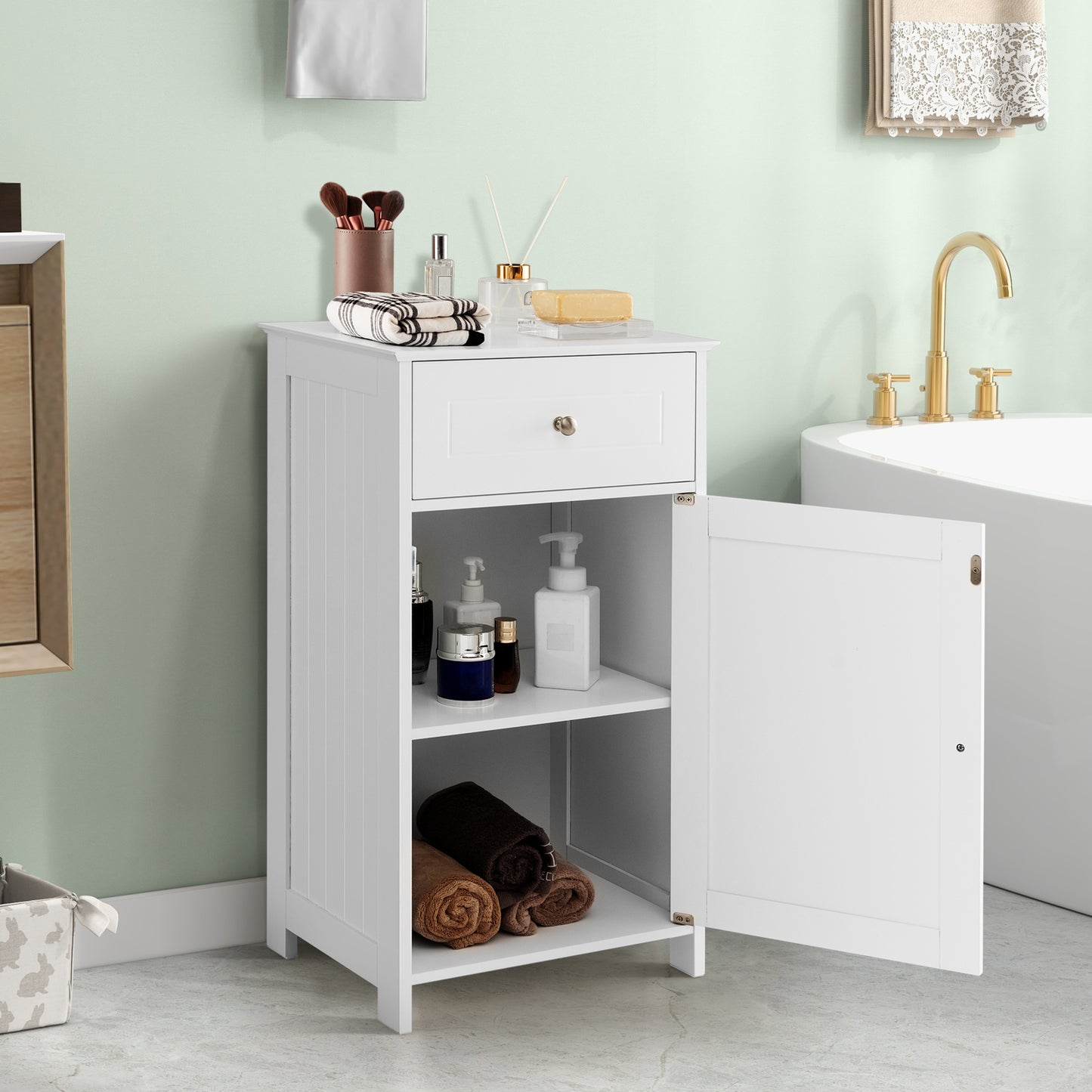 White Bathroom Cabinet with Adjustable Shelf & Drawer