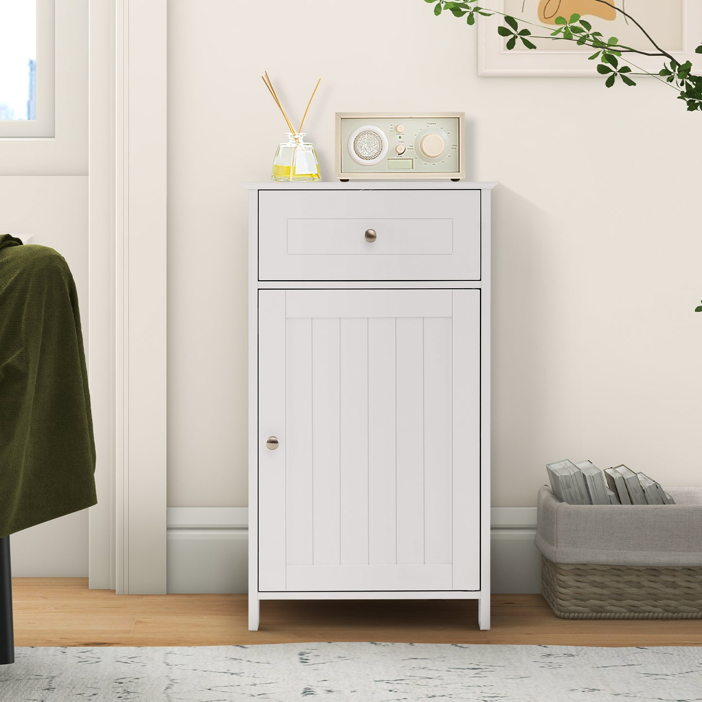 White Bathroom Cabinet with Adjustable Shelf & Drawer