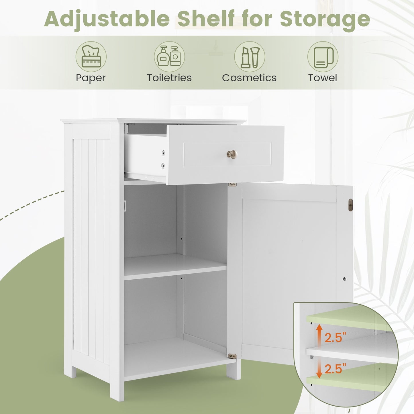 White Bathroom Cabinet with Adjustable Shelf & Drawer