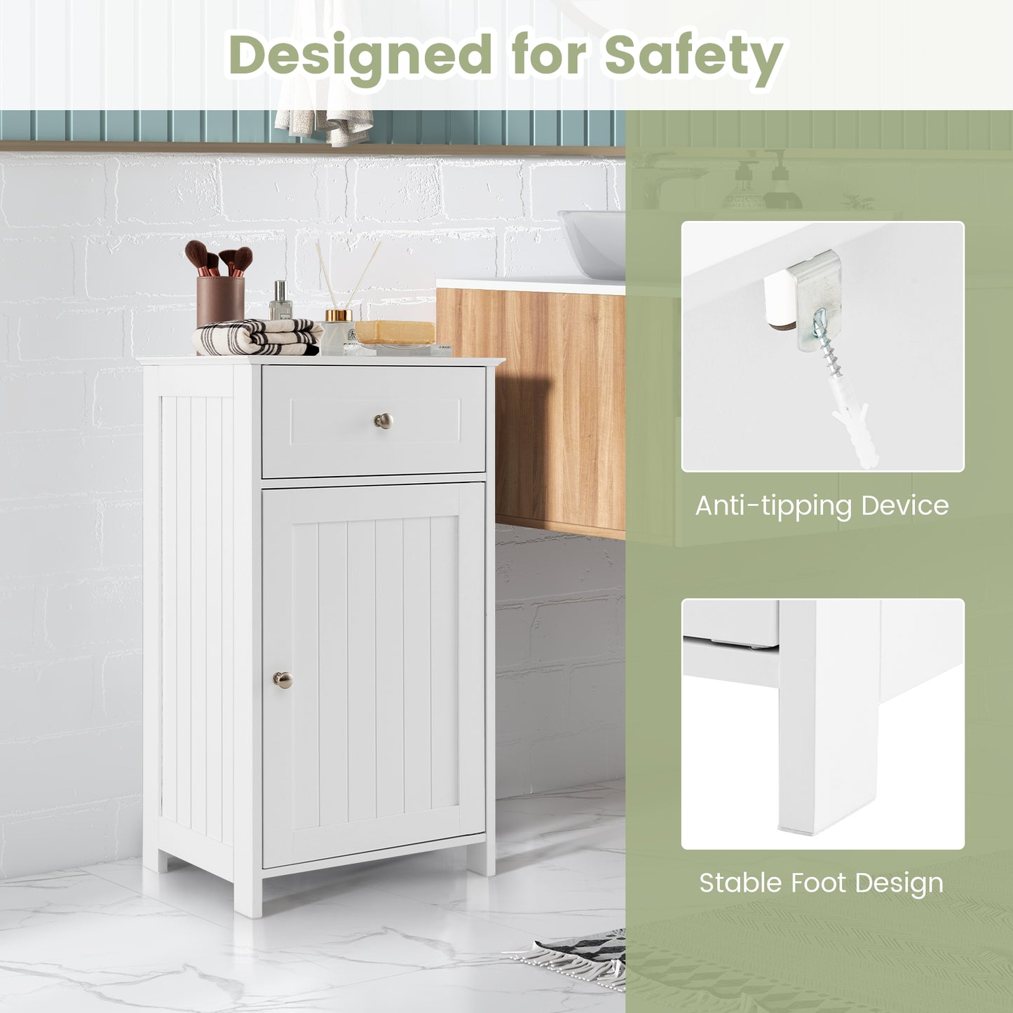 White Bathroom Cabinet with Adjustable Shelf & Drawer