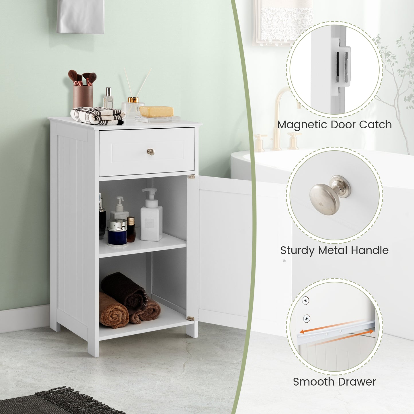 White Bathroom Cabinet with Adjustable Shelf & Drawer