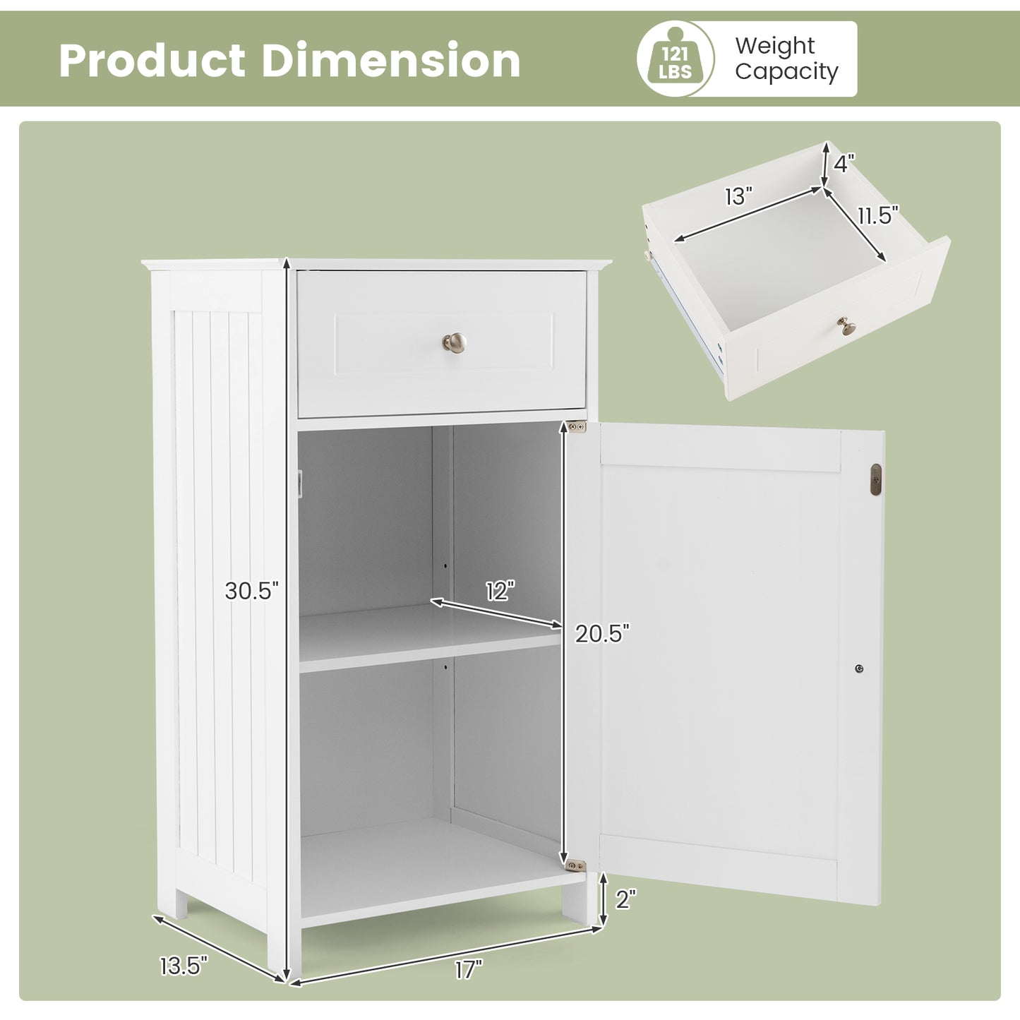 White Bathroom Cabinet with Adjustable Shelf & Drawer