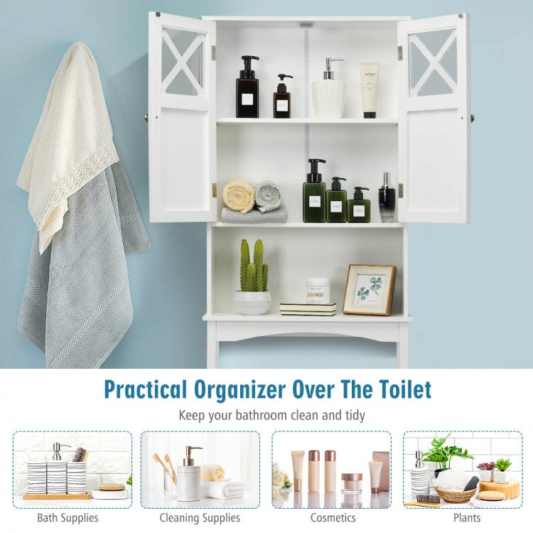 2 Door Over-the-Toilet Storage Cabinet with Adjustable Shelf & Tempered Glass Door