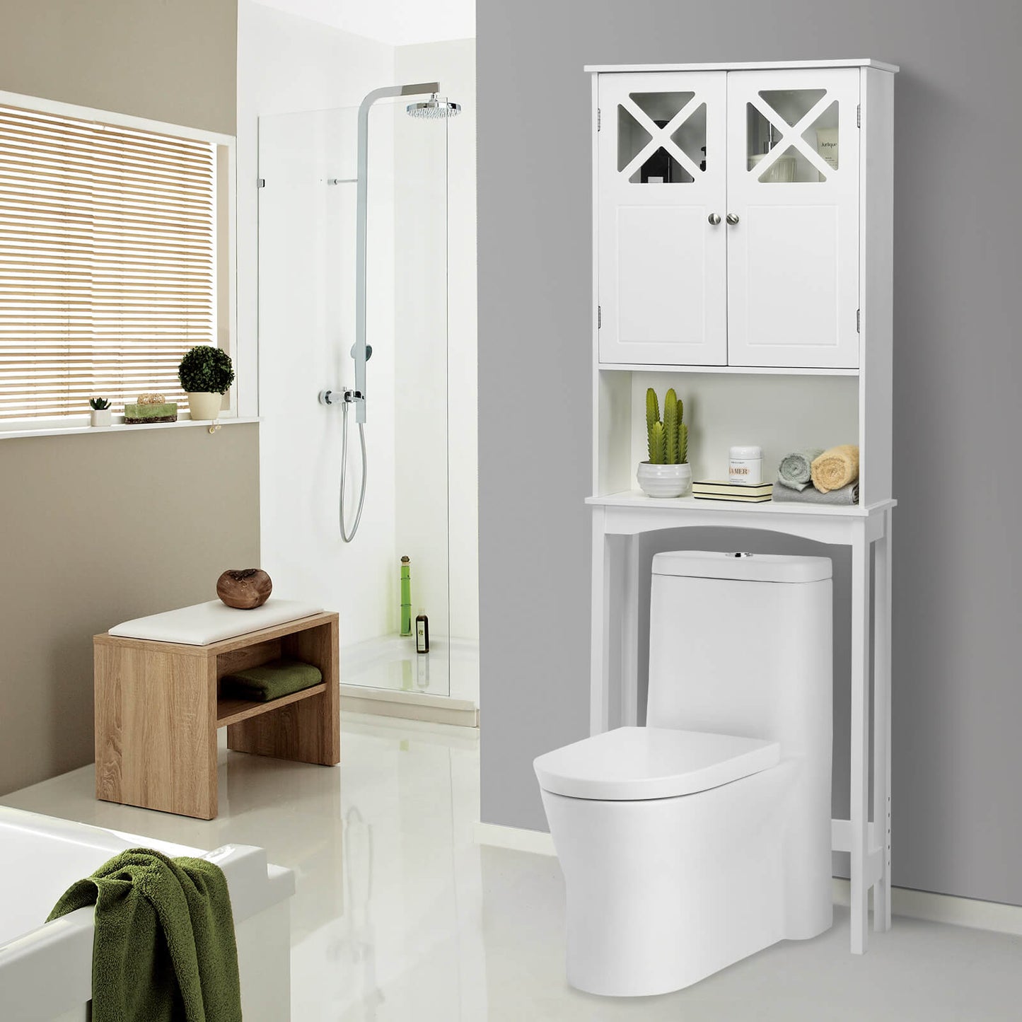 2 Door Over-the-Toilet Storage Cabinet with Adjustable Shelf & Tempered Glass Door