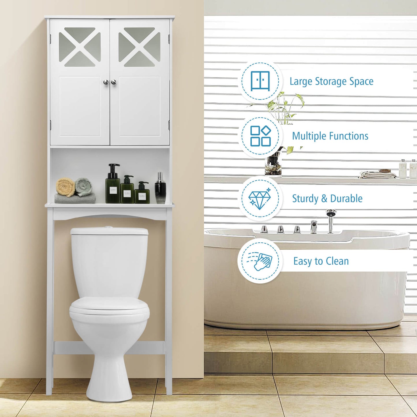 2 Door Over-the-Toilet Storage Cabinet with Adjustable Shelf & Tempered Glass Door