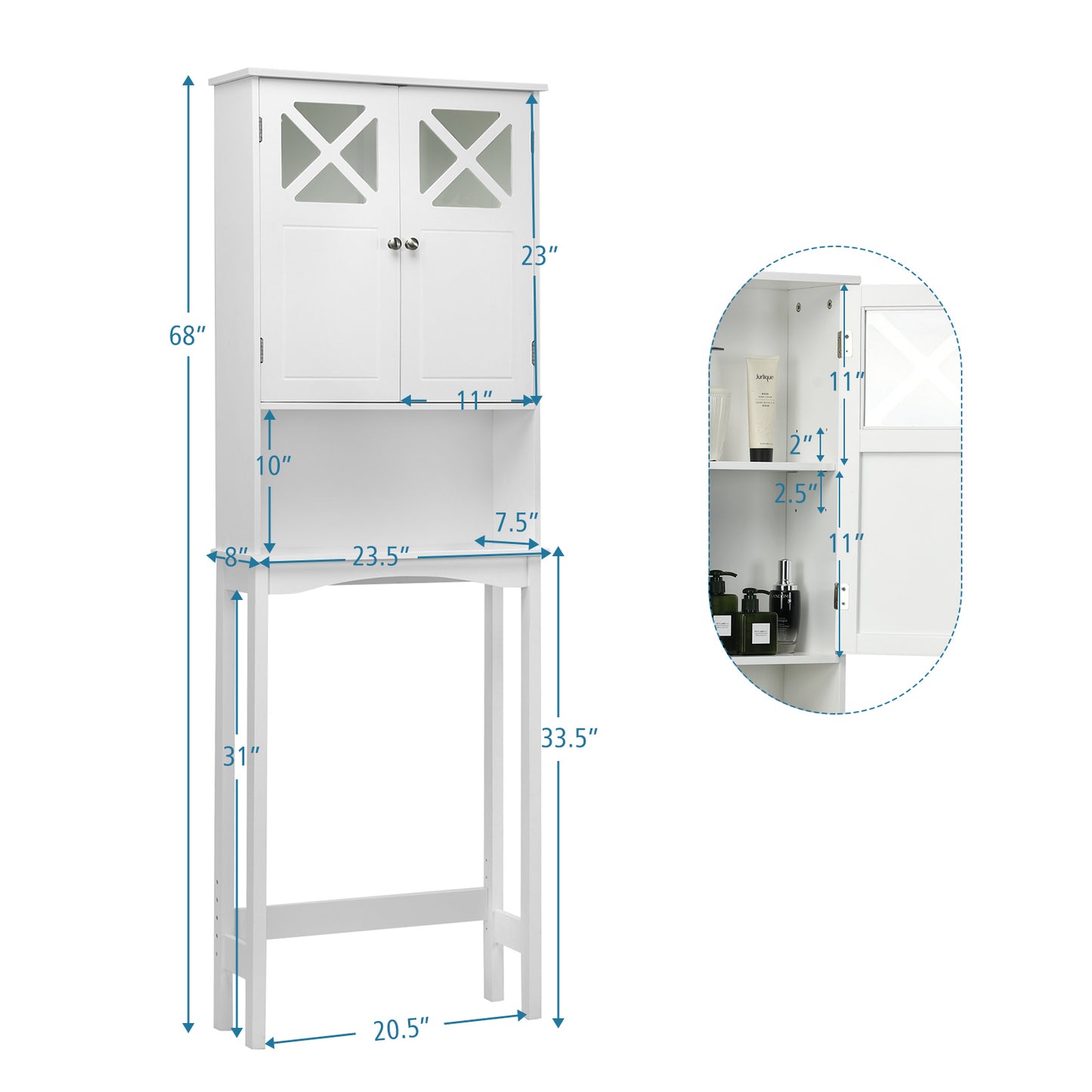 2 Door Over-the-Toilet Storage Cabinet with Adjustable Shelf & Tempered Glass Door