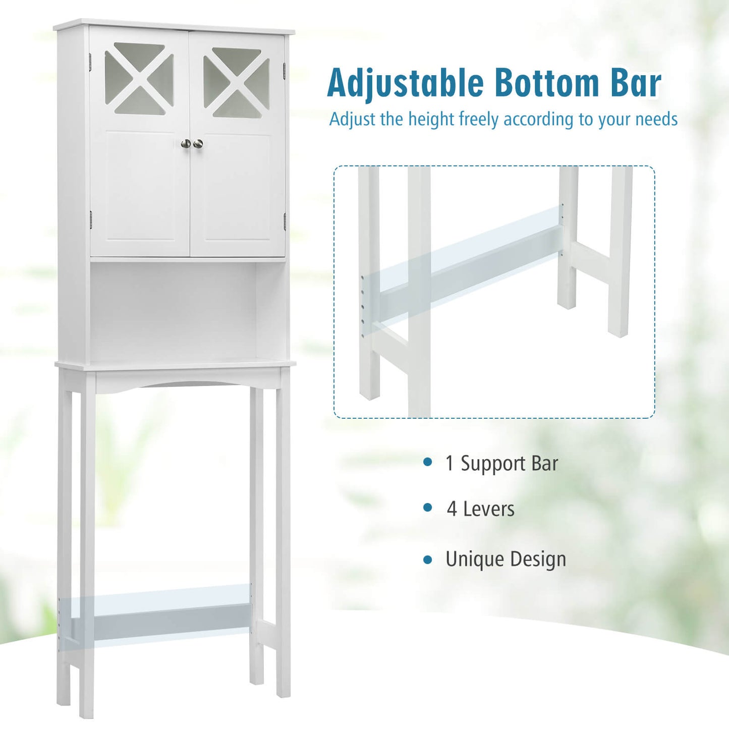 2 Door Over-the-Toilet Storage Cabinet with Adjustable Shelf & Tempered Glass Door