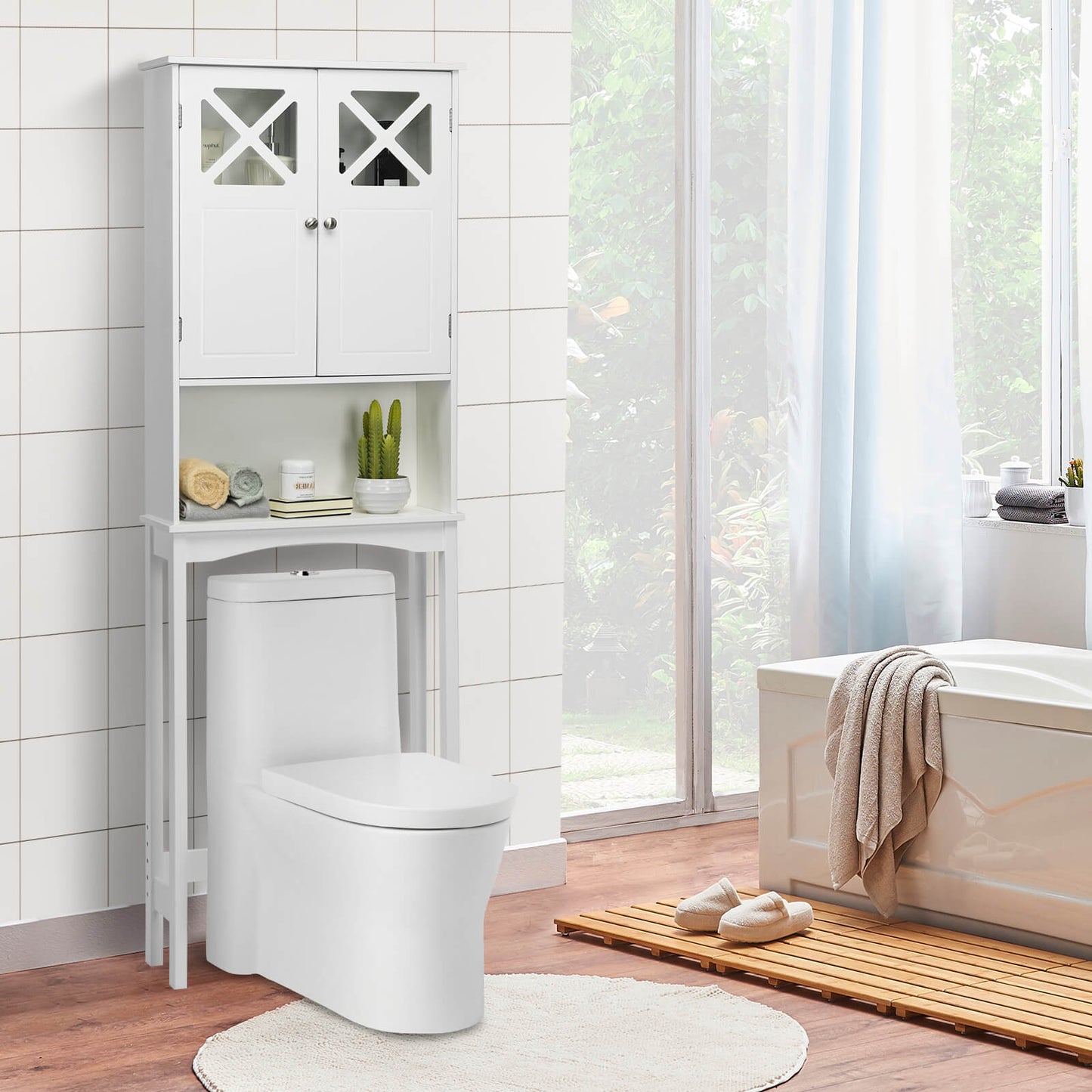2 Door Over-the-Toilet Storage Cabinet with Adjustable Shelf & Tempered Glass Door
