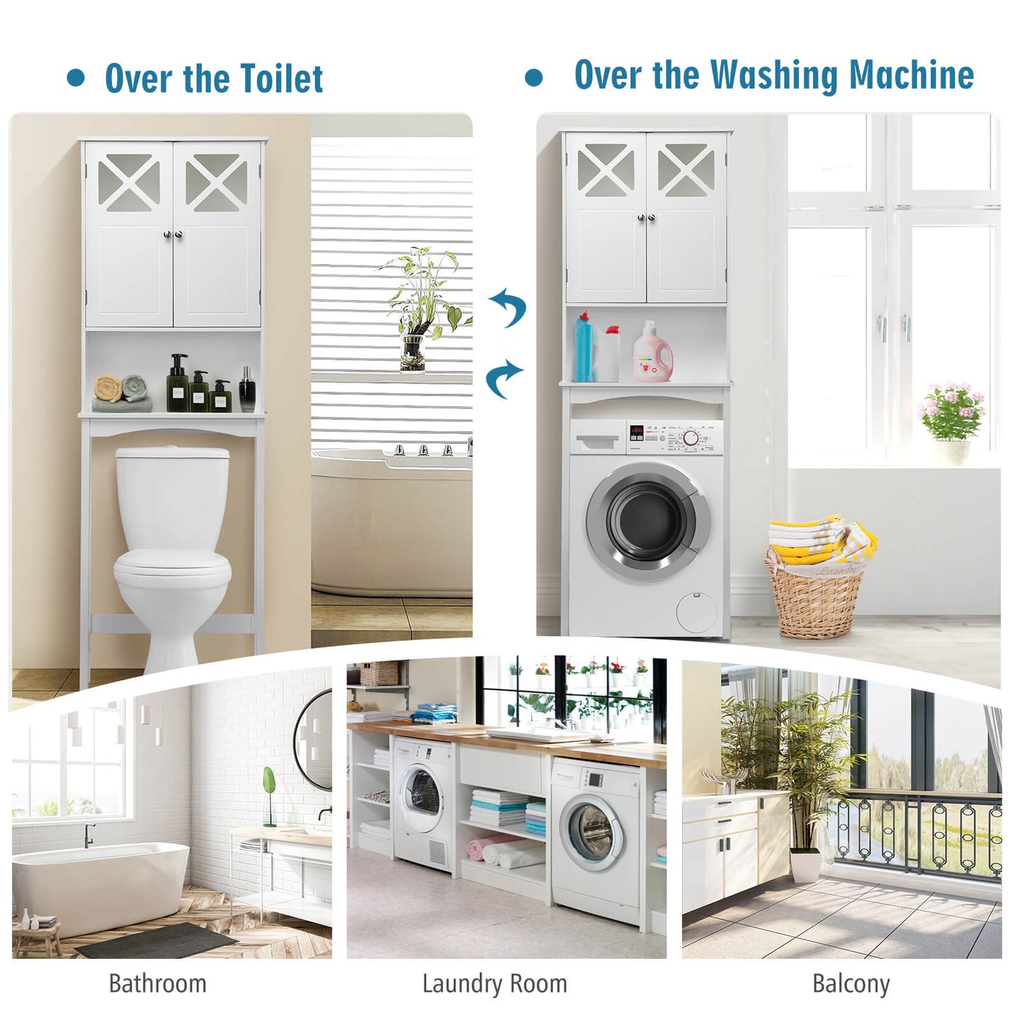 2 Door Over-the-Toilet Storage Cabinet with Adjustable Shelf & Tempered Glass Door