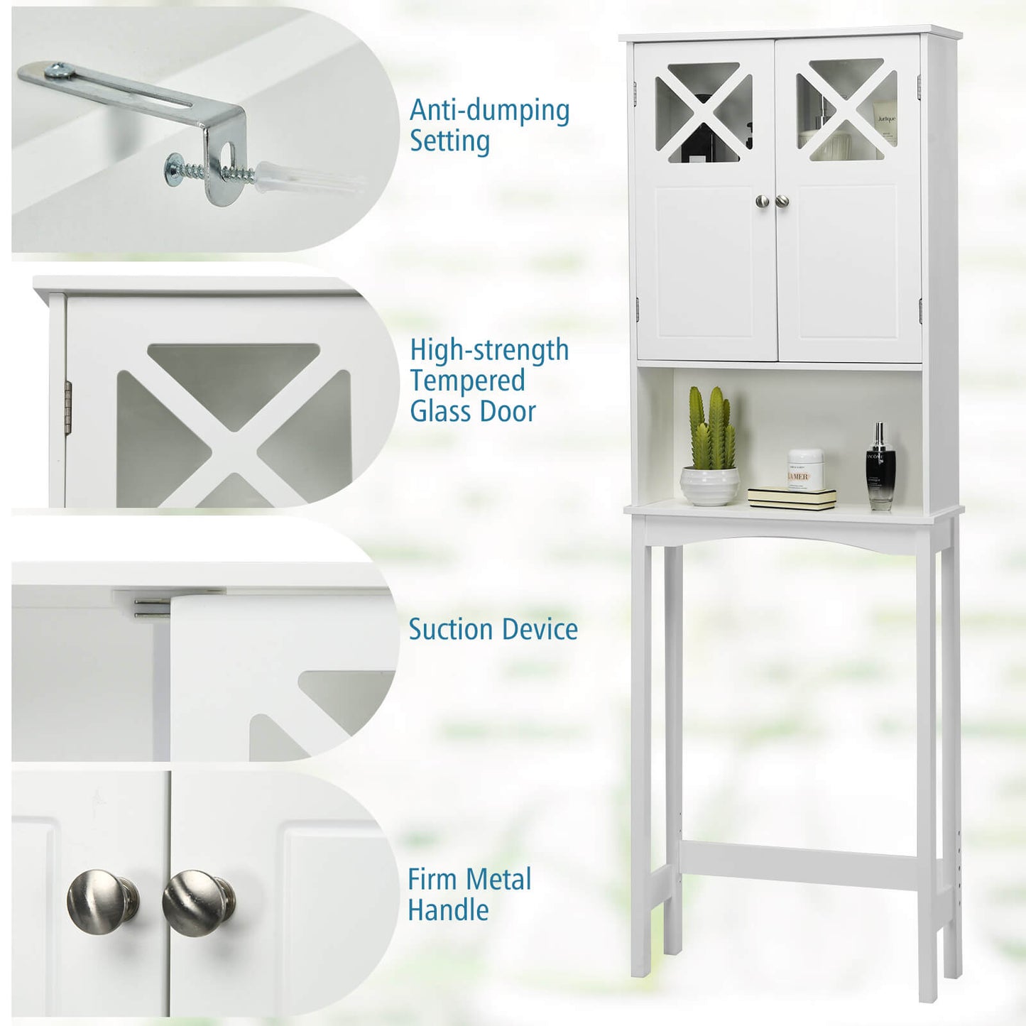 2 Door Over-the-Toilet Storage Cabinet with Adjustable Shelf & Tempered Glass Door