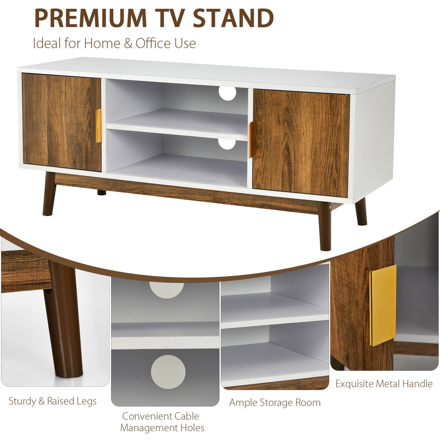 Wood TV Stand with 2 Doors, Open Storage, and Cable Management for TVs up to 50 Inch