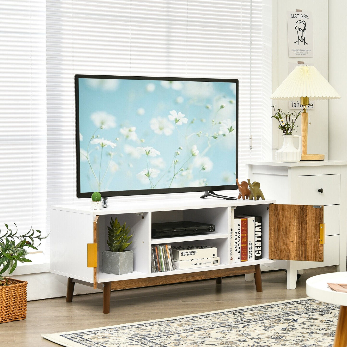 Wood TV Stand with 2 Doors, Open Storage, and Cable Management for TVs up to 50 Inch
