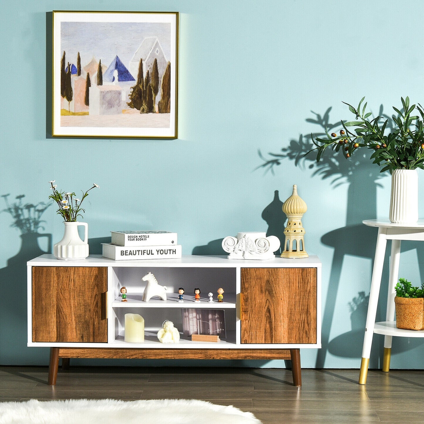 Wood TV Stand with 2 Doors, Open Storage, and Cable Management for TVs up to 50 Inch