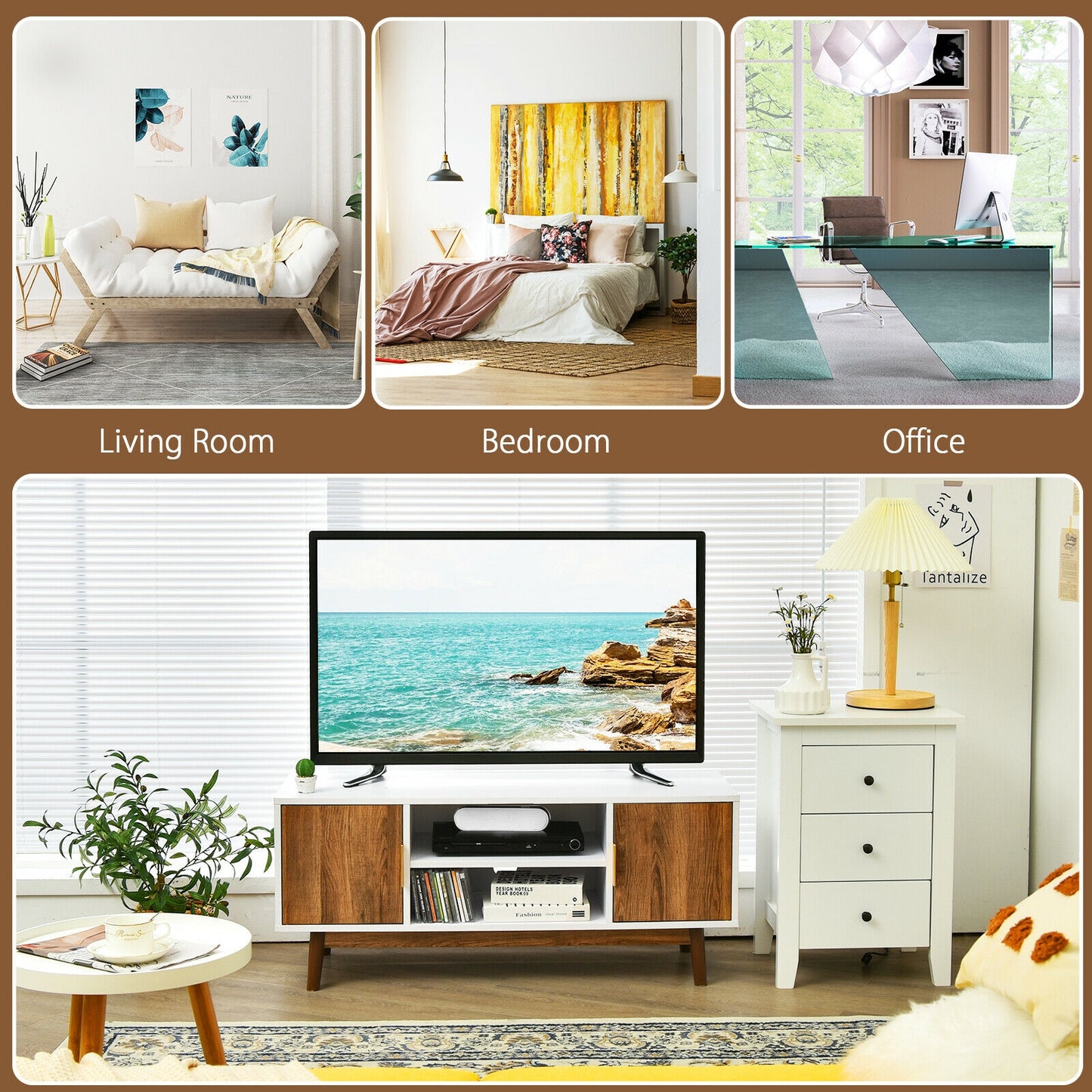 Wood TV Stand with 2 Doors, Open Storage, and Cable Management for TVs up to 50 Inch