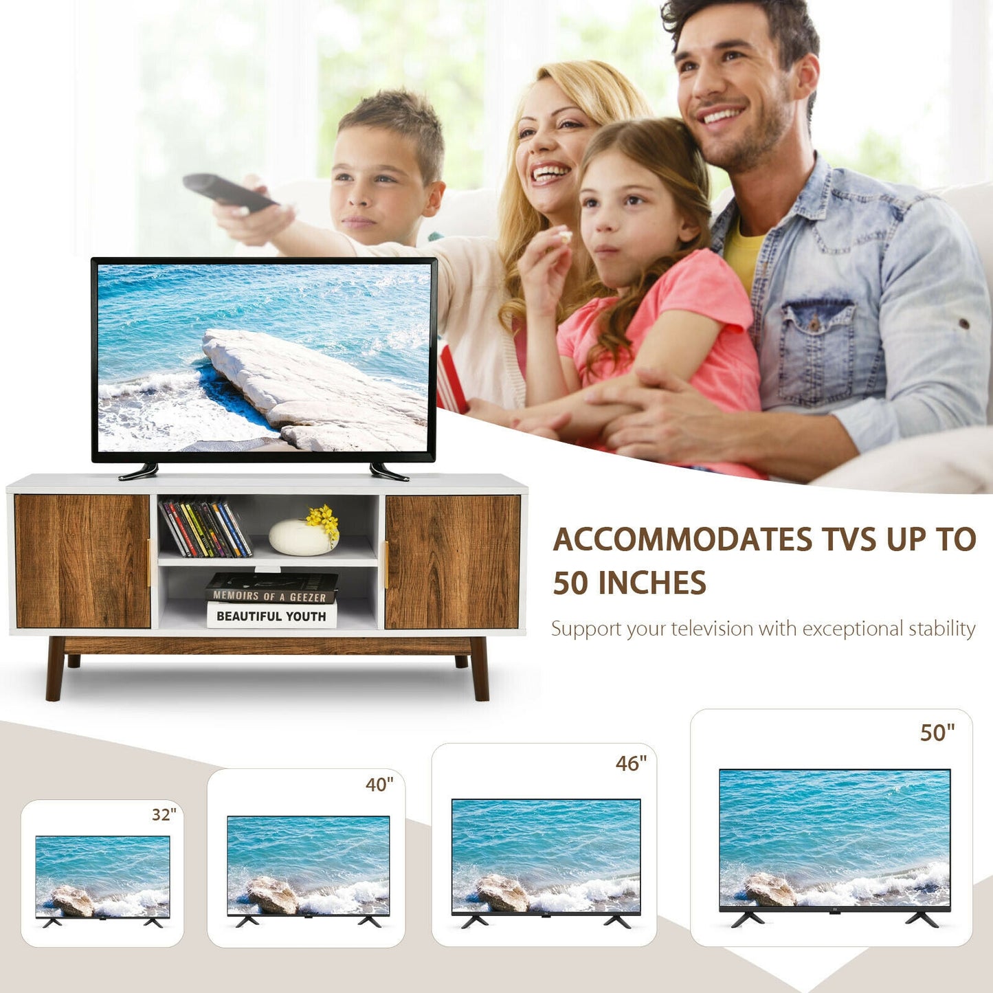 Wood TV Stand with 2 Doors, Open Storage, and Cable Management for TVs up to 50 Inch
