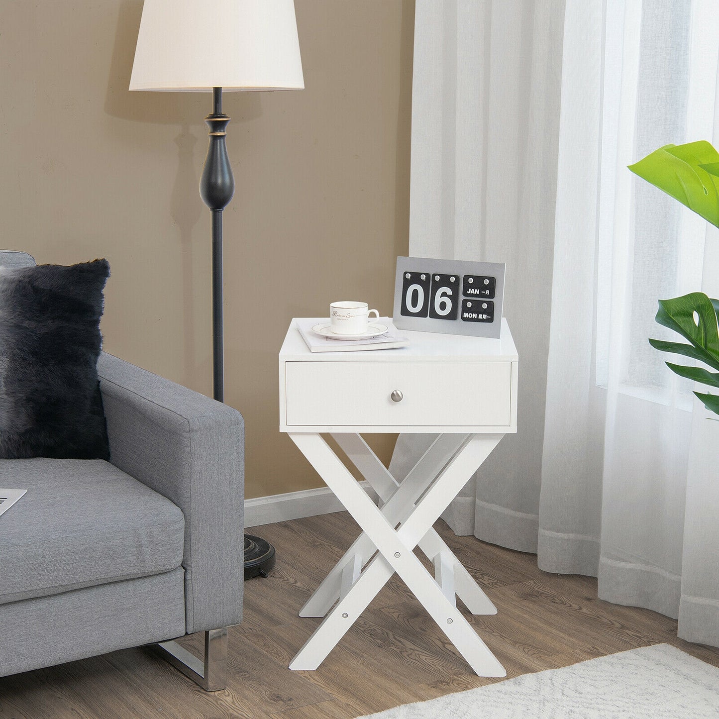 Modern Nightstand with Drawer and X-Frame Base for Bedroom or Living Room - White
