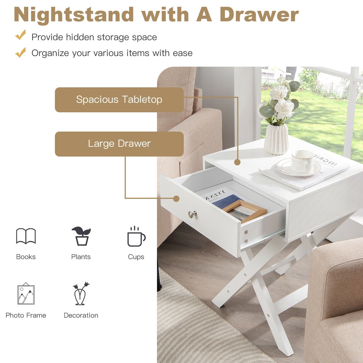 Modern Nightstand with Drawer and X-Frame Base for Bedroom or Living Room - White