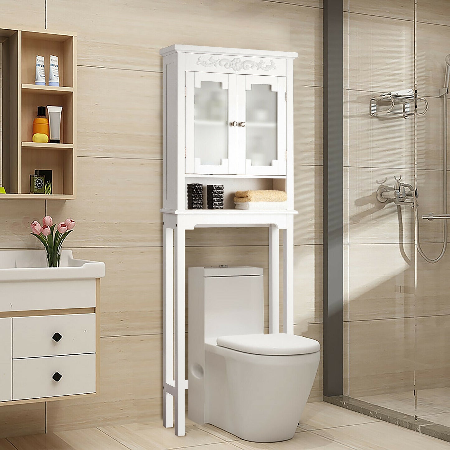 3 Tier Bathroom Space Saver Toilet Rack with Adjustable Shelf and Carved Top Design