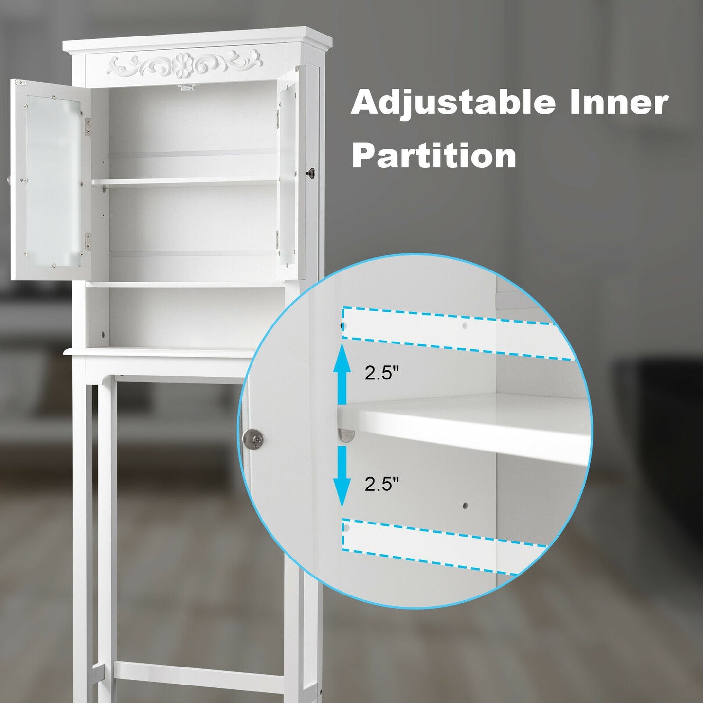 3 Tier Bathroom Space Saver Toilet Rack with Adjustable Shelf and Carved Top Design