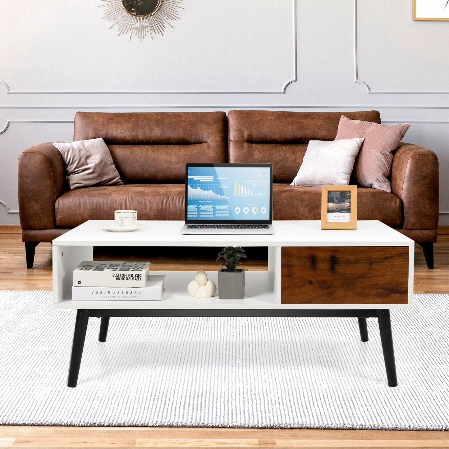 Rustic Wood Coffee Table with Storage Drawer and Open Display Shelf