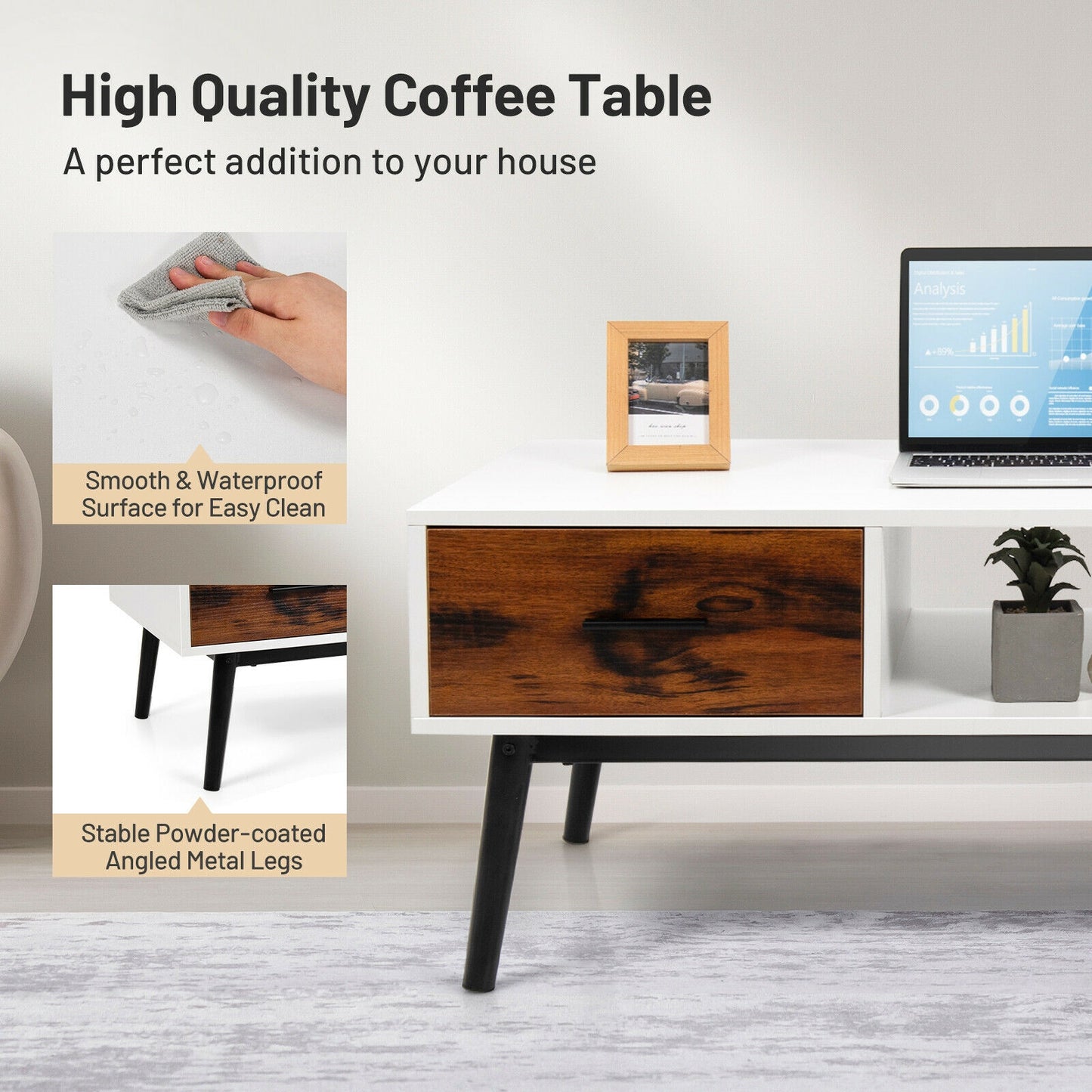 Rustic Wood Coffee Table with Storage Drawer and Open Display Shelf