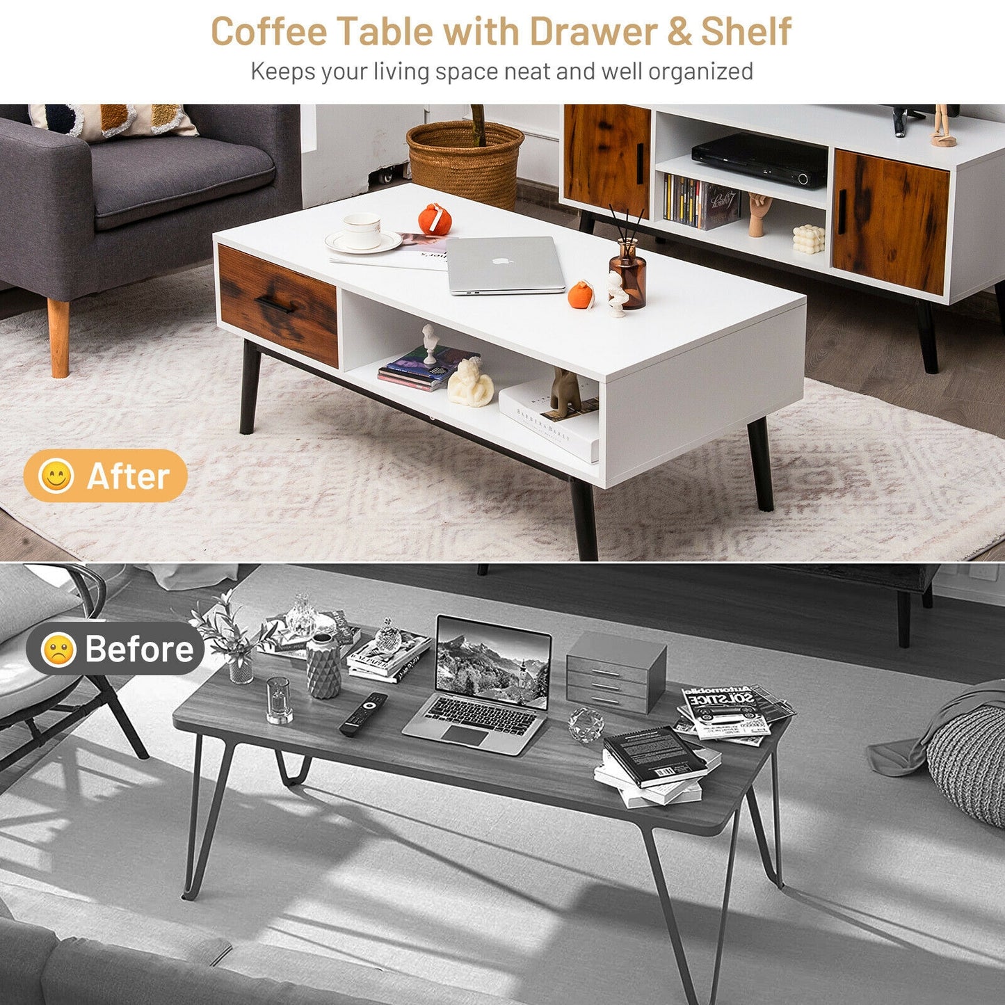 Rustic Wood Coffee Table with Storage Drawer and Open Display Shelf