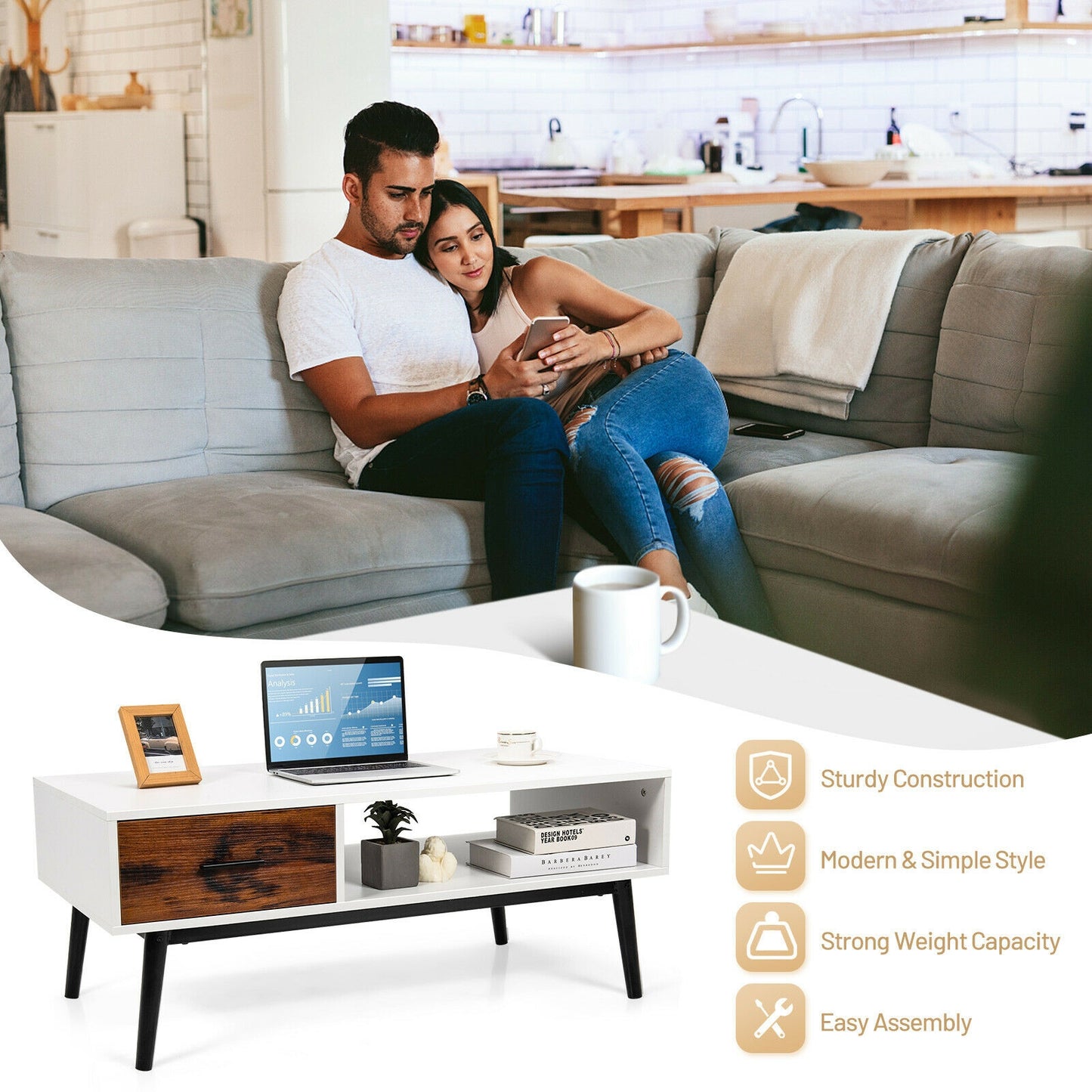 Rustic Wood Coffee Table with Storage Drawer and Open Display Shelf