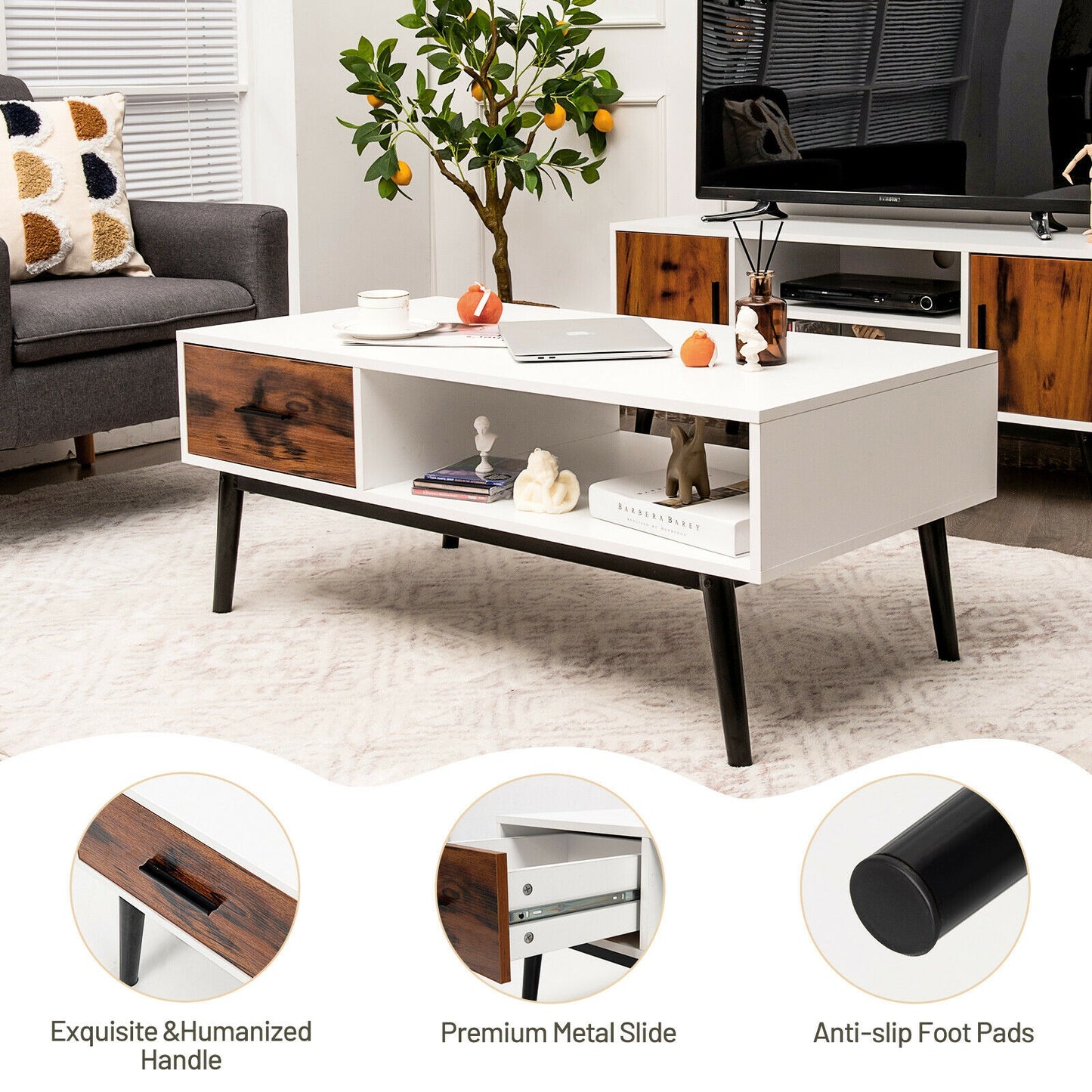 Rustic Wood Coffee Table with Storage Drawer and Open Display Shelf