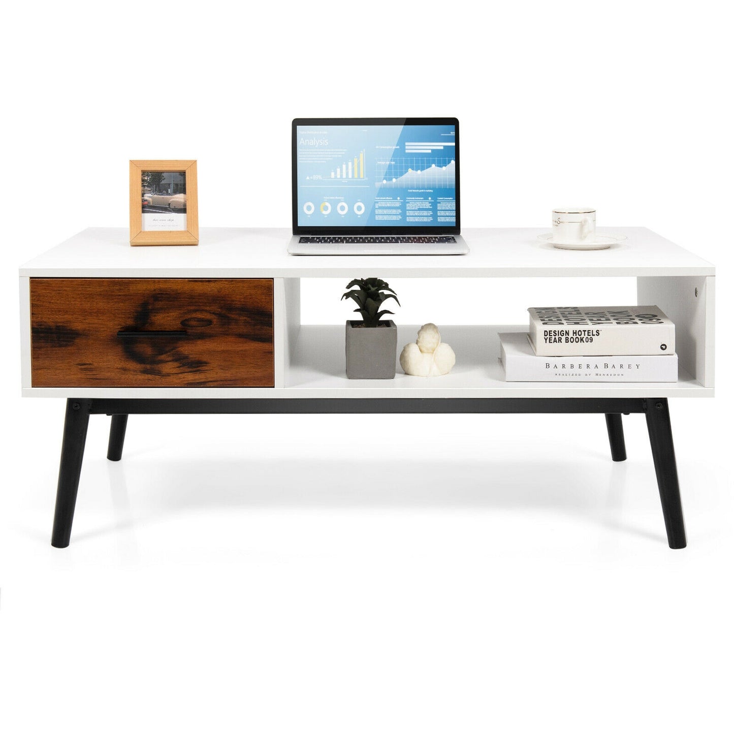 Rustic Wood Coffee Table with Storage Drawer and Open Display Shelf