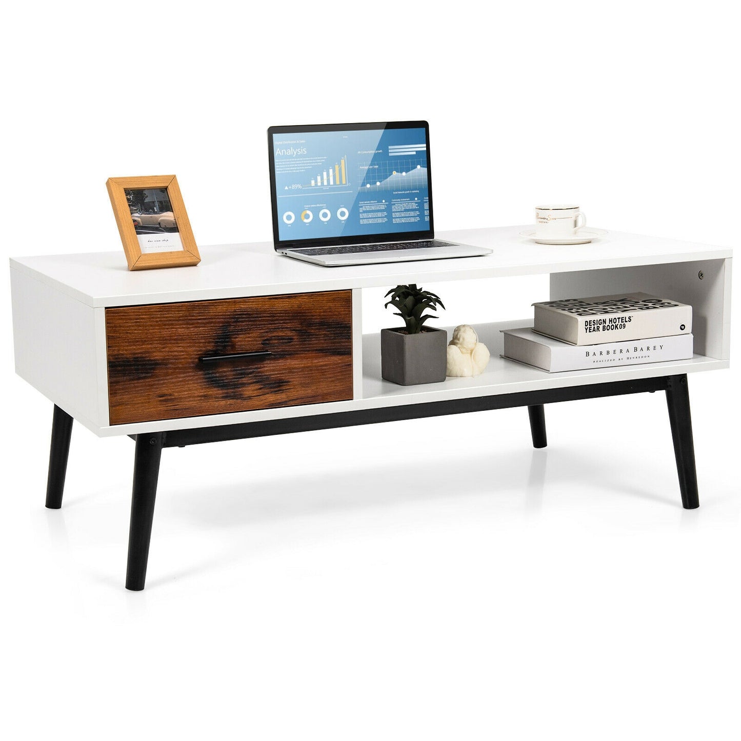 Rustic Wood Coffee Table with Storage Drawer and Open Display Shelf