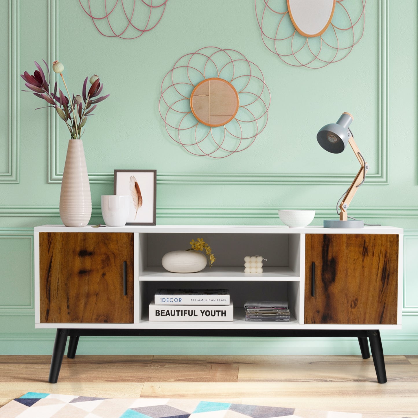 Retro-Inspired Wood TV Console with Dual Cabinets and Open Shelving for 55 Inch Screens