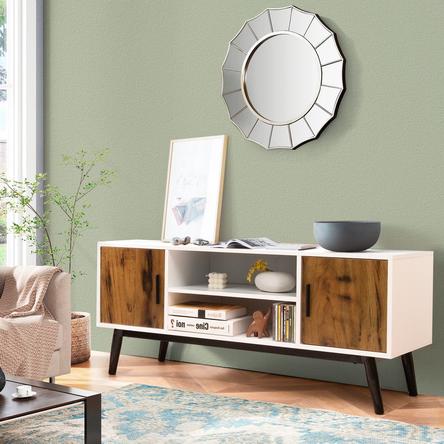 Retro-Inspired Wood TV Console with Dual Cabinets and Open Shelving for 55 Inch Screens
