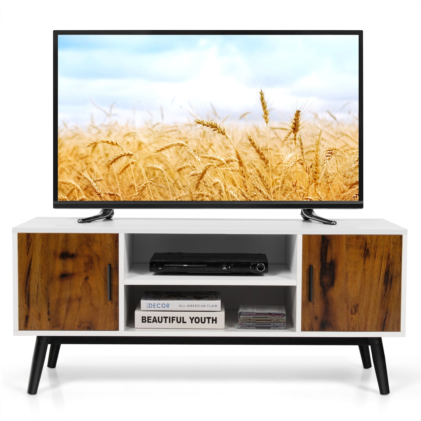 Retro-Inspired Wood TV Console with Dual Cabinets and Open Shelving for 55 Inch Screens