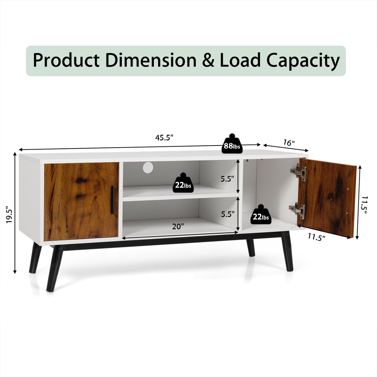 Retro-Inspired Wood TV Console with Dual Cabinets and Open Shelving for 55 Inch Screens