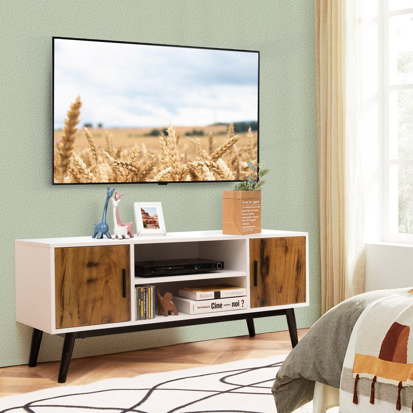 Retro-Inspired Wood TV Console with Dual Cabinets and Open Shelving for 55 Inch Screens