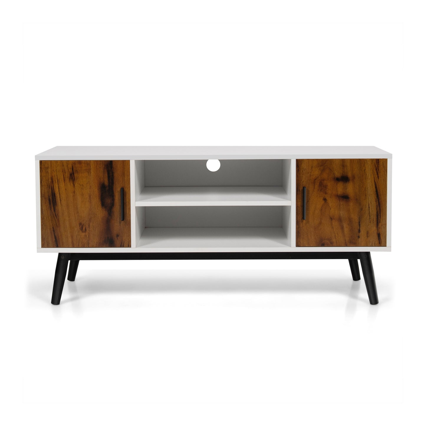 Retro-Inspired Wood TV Console with Dual Cabinets and Open Shelving for 55 Inch Screens