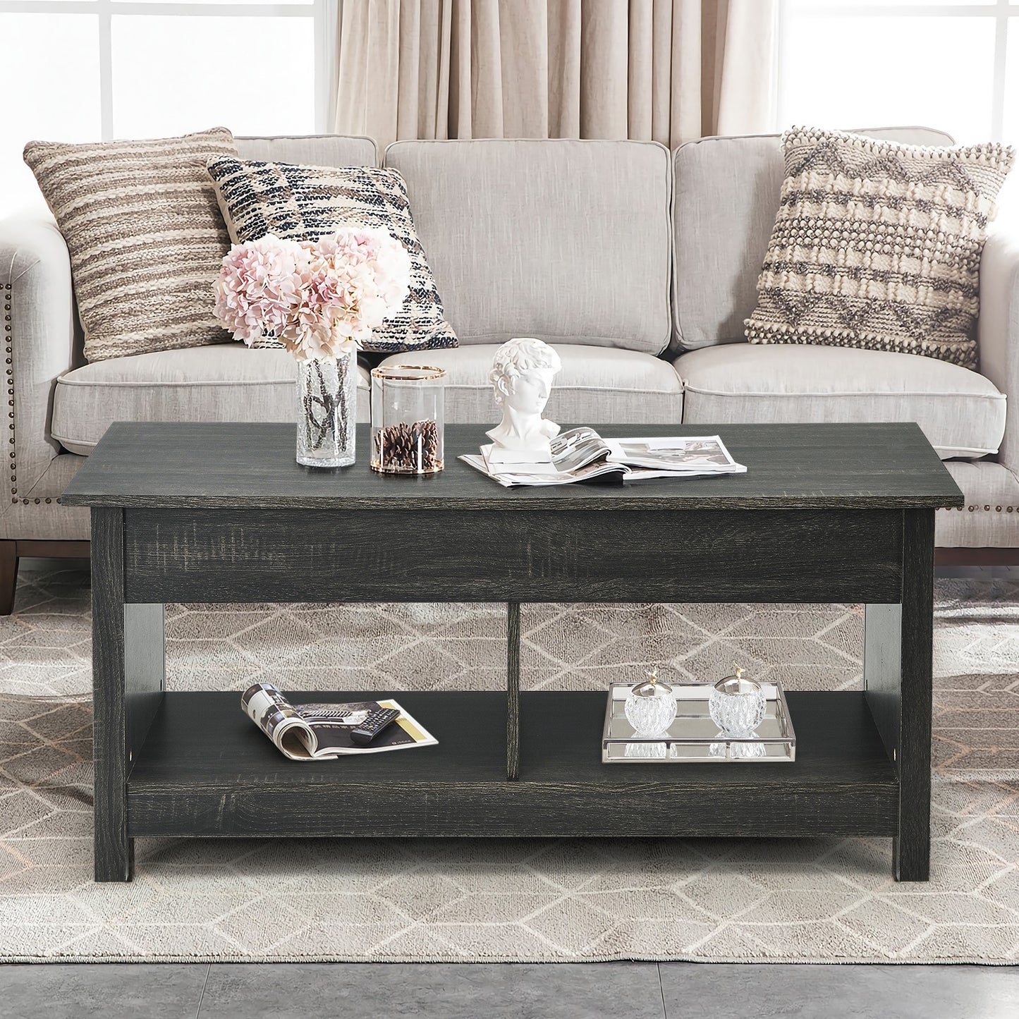 Adjustable Lift Top Coffee Table with Hidden Storage and Lower Shelves in Black