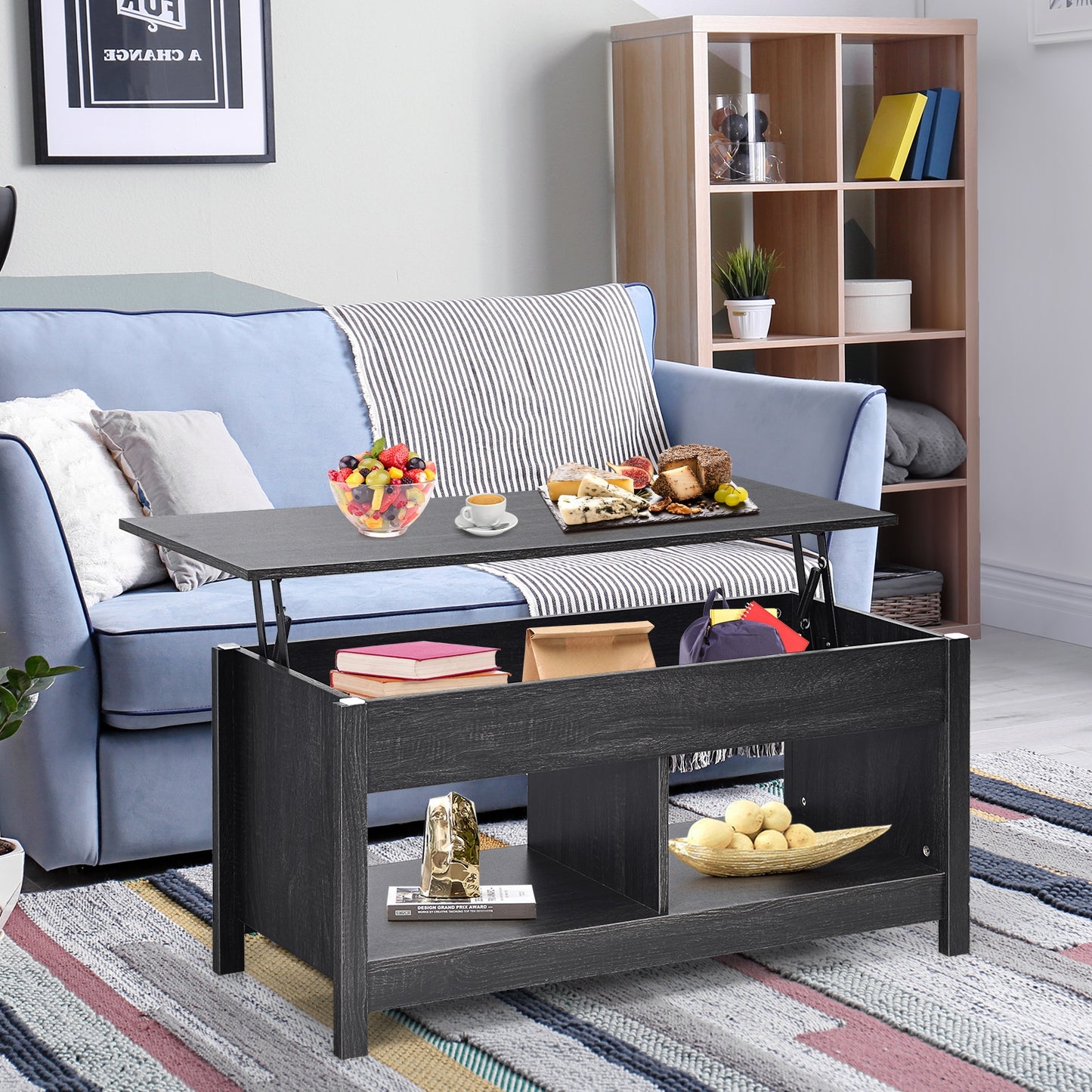 Adjustable Lift Top Coffee Table with Hidden Storage and Lower Shelves in Black