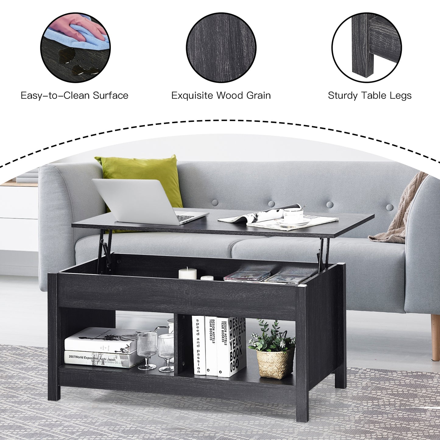 Adjustable Lift Top Coffee Table with Hidden Storage and Lower Shelves in Black