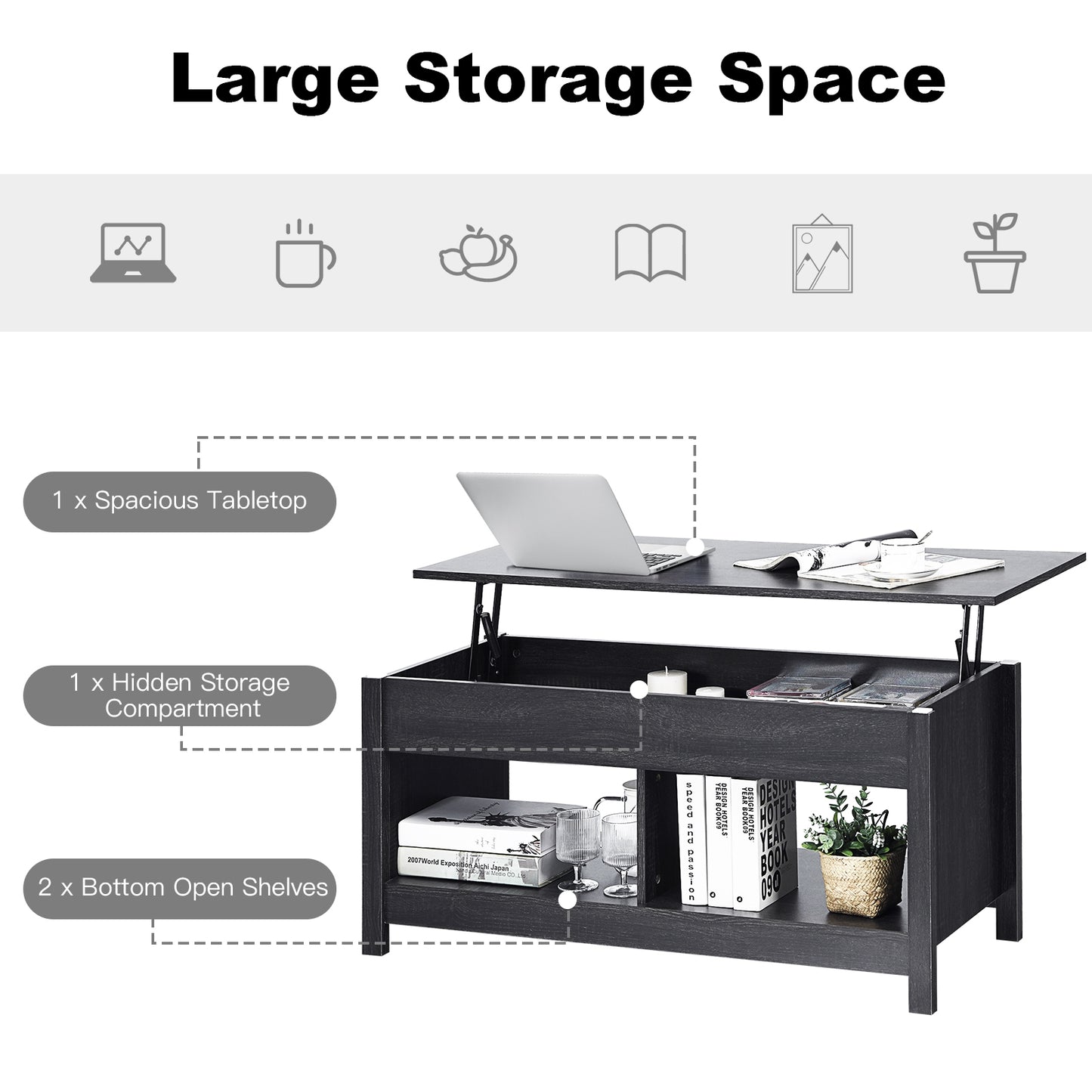 Adjustable Lift Top Coffee Table with Hidden Storage and Lower Shelves in Black