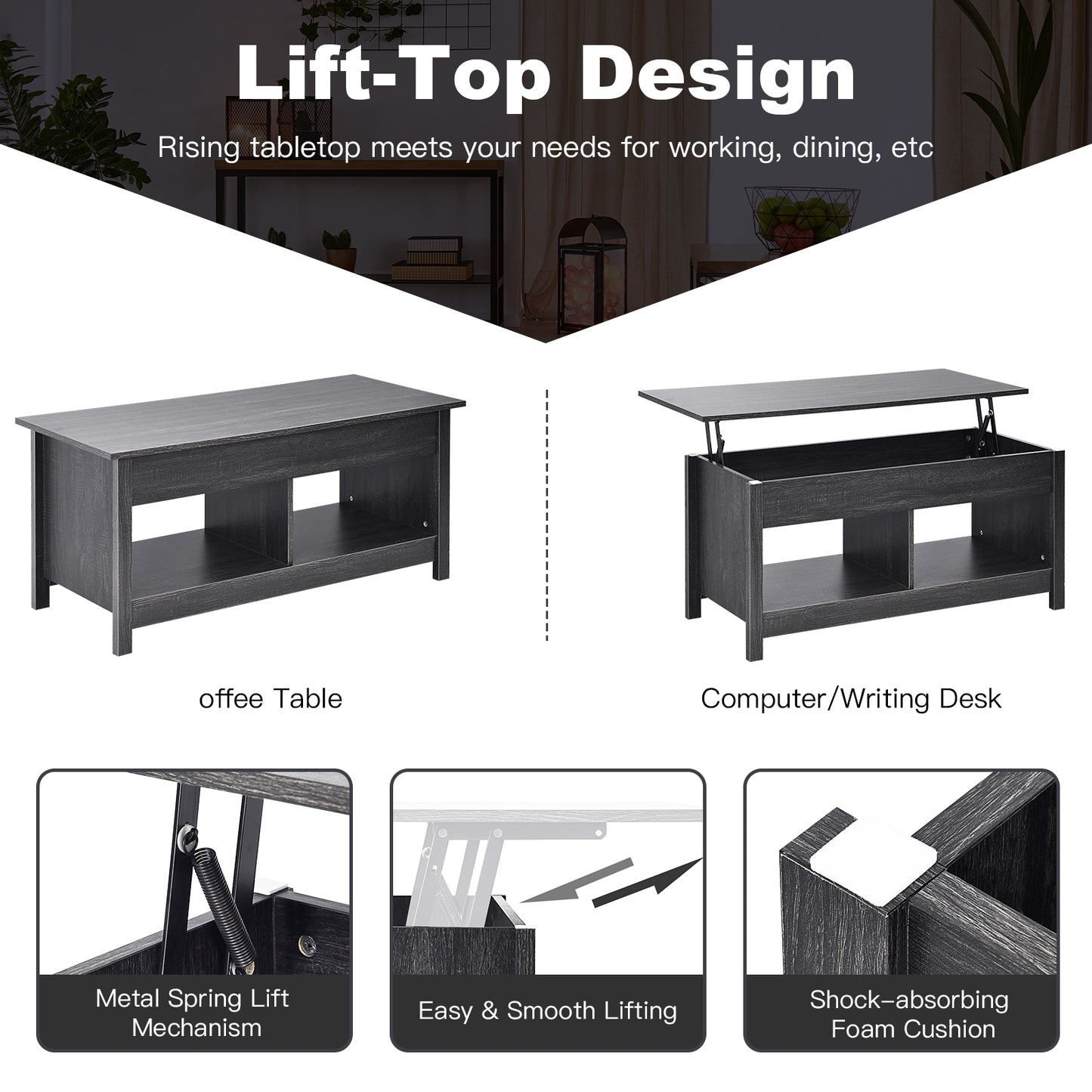 Adjustable Lift Top Coffee Table with Hidden Storage and Lower Shelves in Black